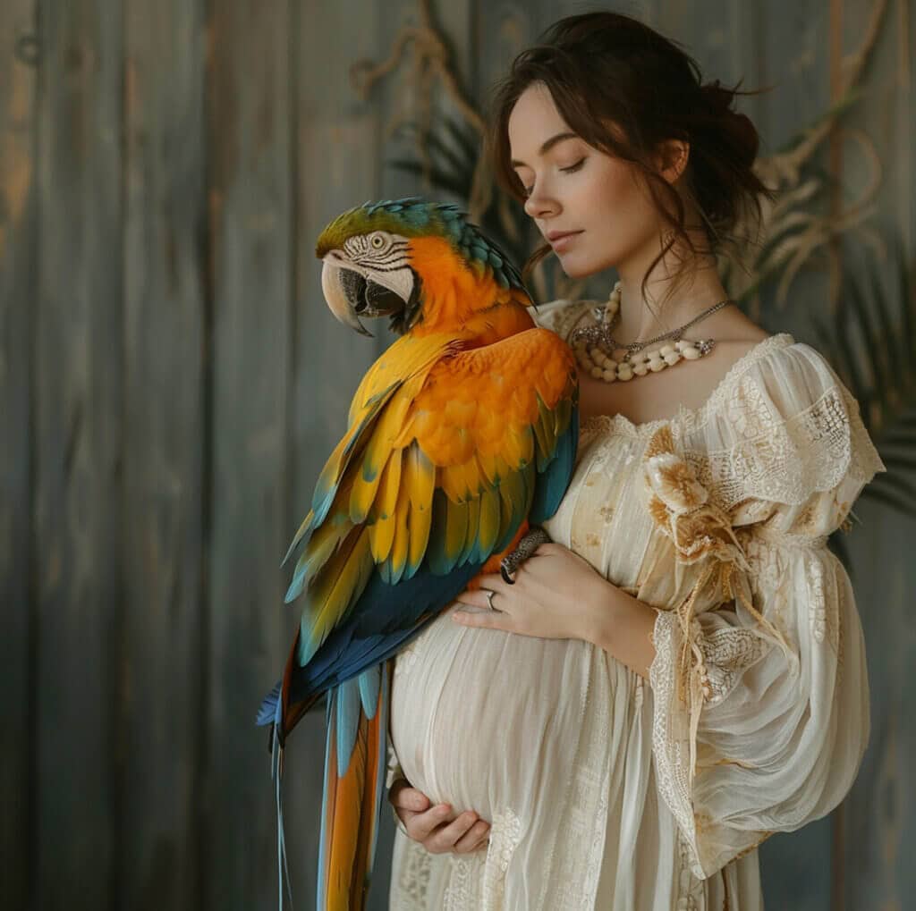 In the photograph, a stunning pregnant white American woman is elegantly adorned in a beautiful vintage white dress, complemented by the vibrant hues of a large, colorful parrot held delicately in her hands. This captivating image was expertly captured in a photography studio in Chicago, with the setting expertly highlighting her enchanting pregnant form.