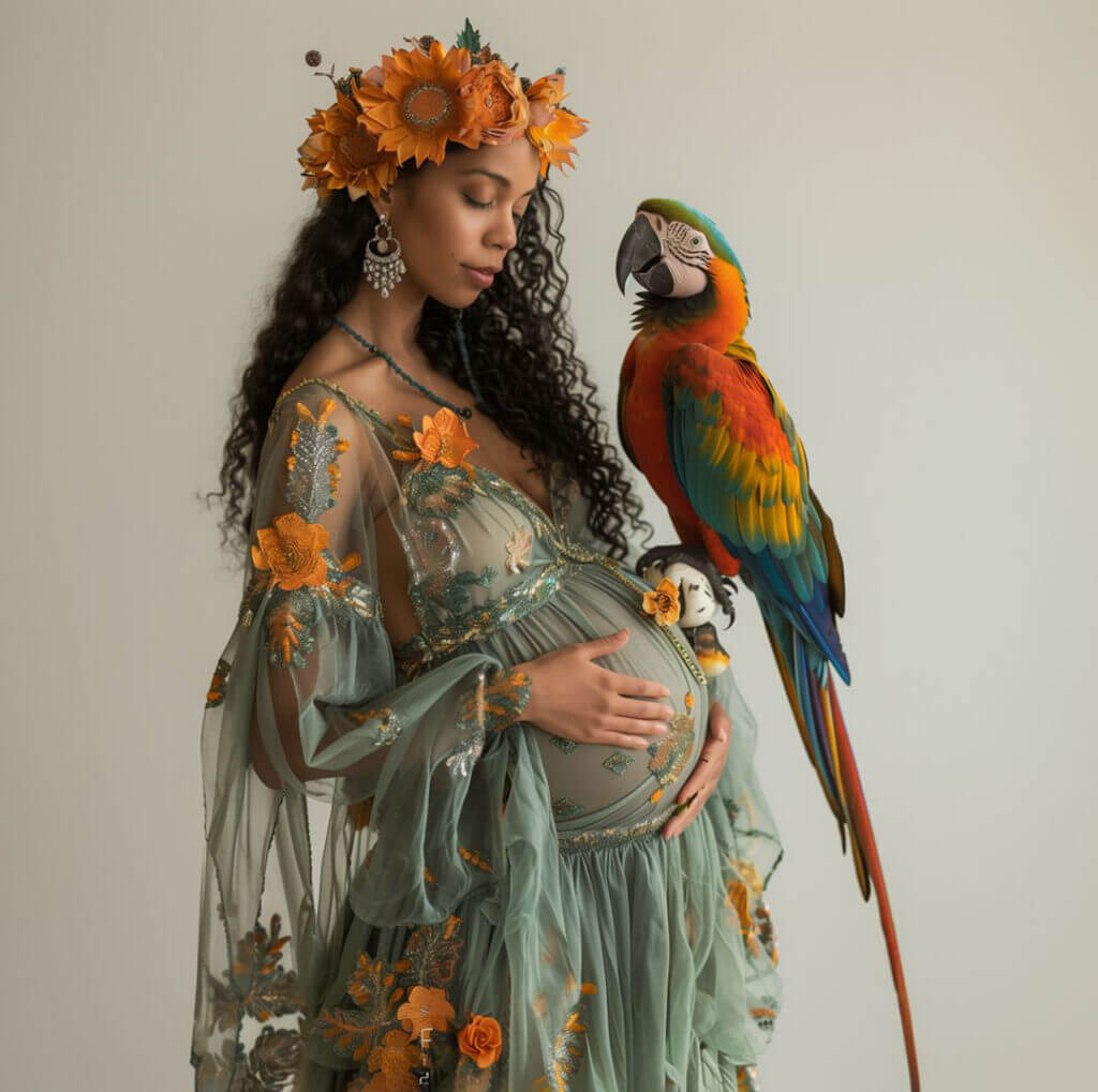 Captivating photograph capturing the beauty of a pregnant woman with a dark complexion. She is elegantly dressed in a vintage green dress adorned with flowers, radiating a timeless charm. The woman is tenderly cradling a large parrot in her hands, creating a visually striking and unique composition. This stunning photo was taken in a Chicago studio by a talented Chicago Boudoir Photographer, who expertly captured the grace and allure of the pregnant subject.