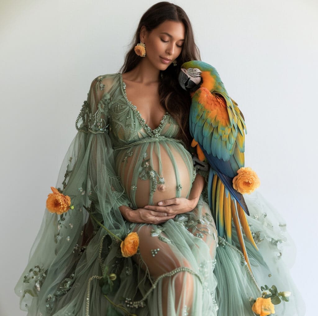 The striking image captures a radiant pregnant Colombian woman adorned in a stunning green vintage maternity dress. Cradled in her hands is a magnificent, vibrant parrot, further accentuating the beauty of the moment. Her blossoming pregnant belly is elegantly showcased in this photograph taken within a photography studio in Chicago, resulting in a mesmerizing and memorable composition.